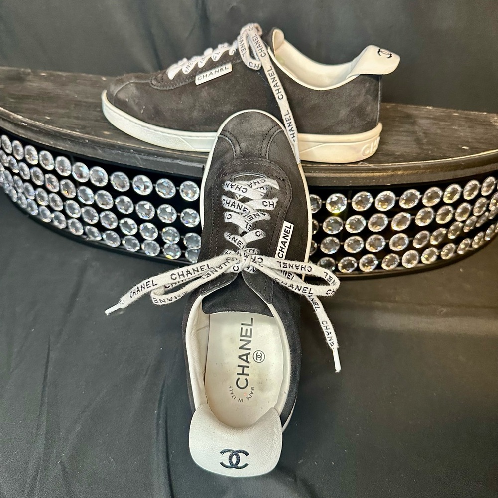 CHANEL Black Suede Sneakers with White Leather Accents - Picture 11 of 12